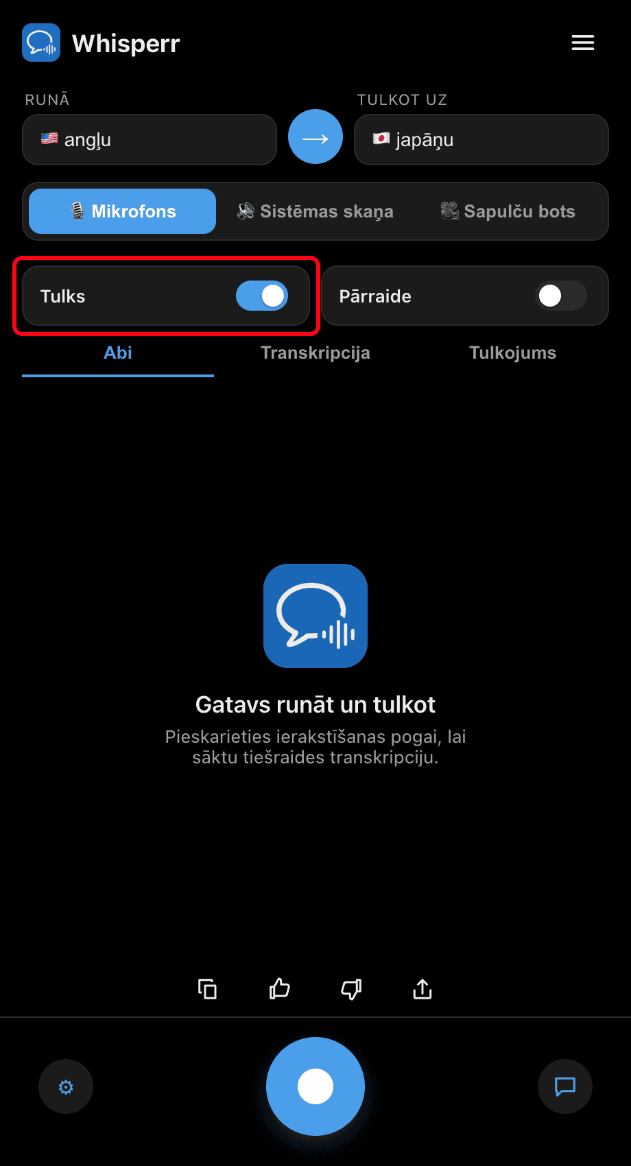 Turning on the Interpreter toggle in the Whisperr desktop app