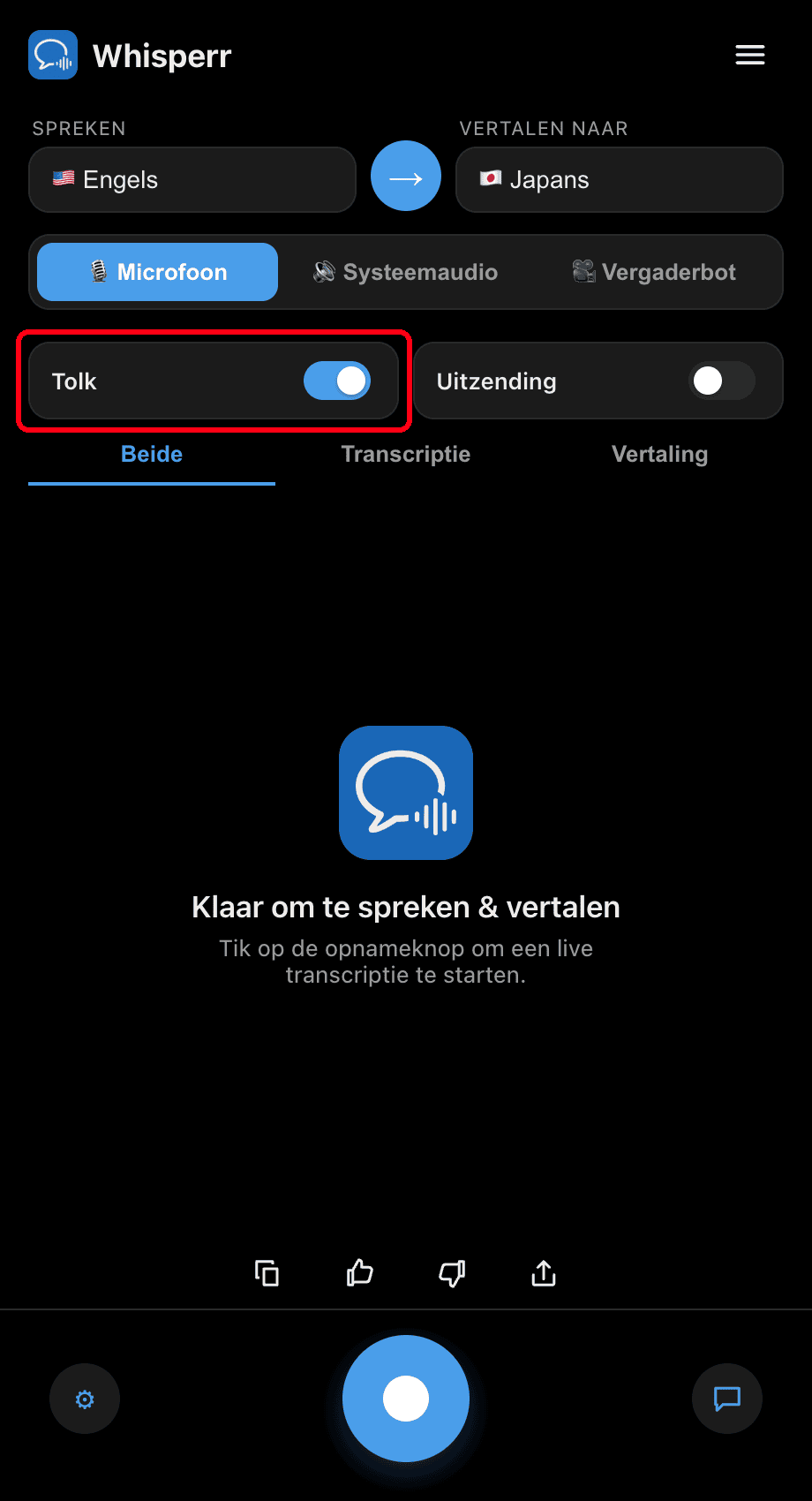 Turning on the Interpreter toggle in the Whisperr desktop app