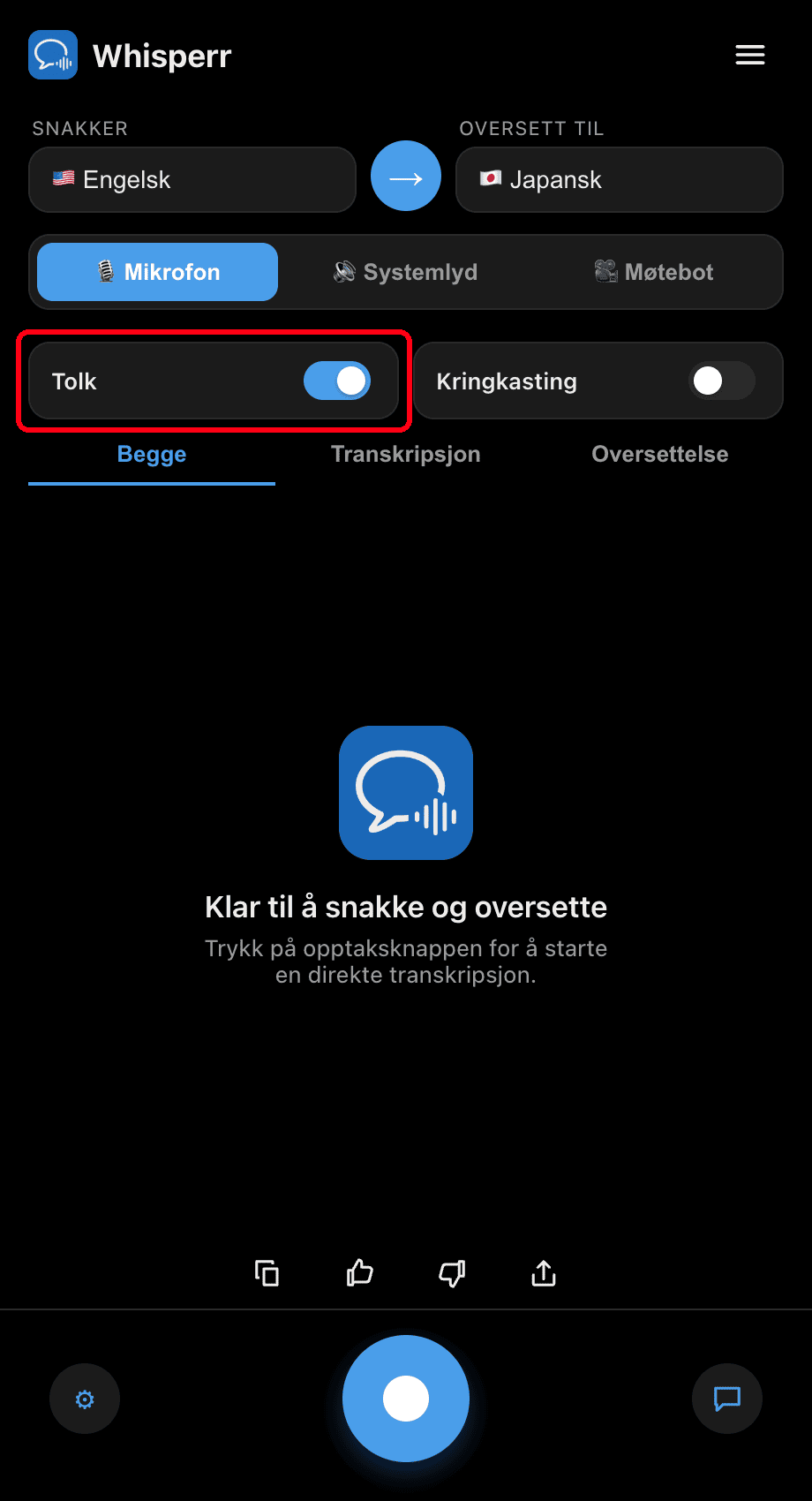 Turning on the Interpreter toggle in the Whisperr desktop app