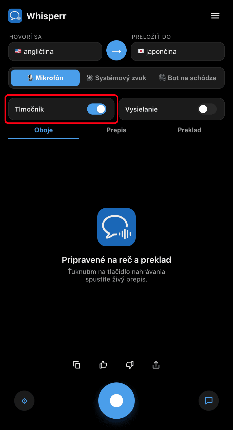 Turning on the Interpreter toggle in the Whisperr desktop app