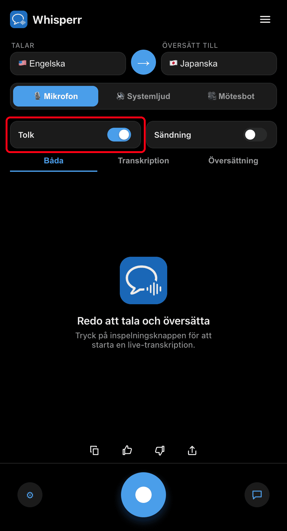 Turning on the Interpreter toggle in the Whisperr desktop app
