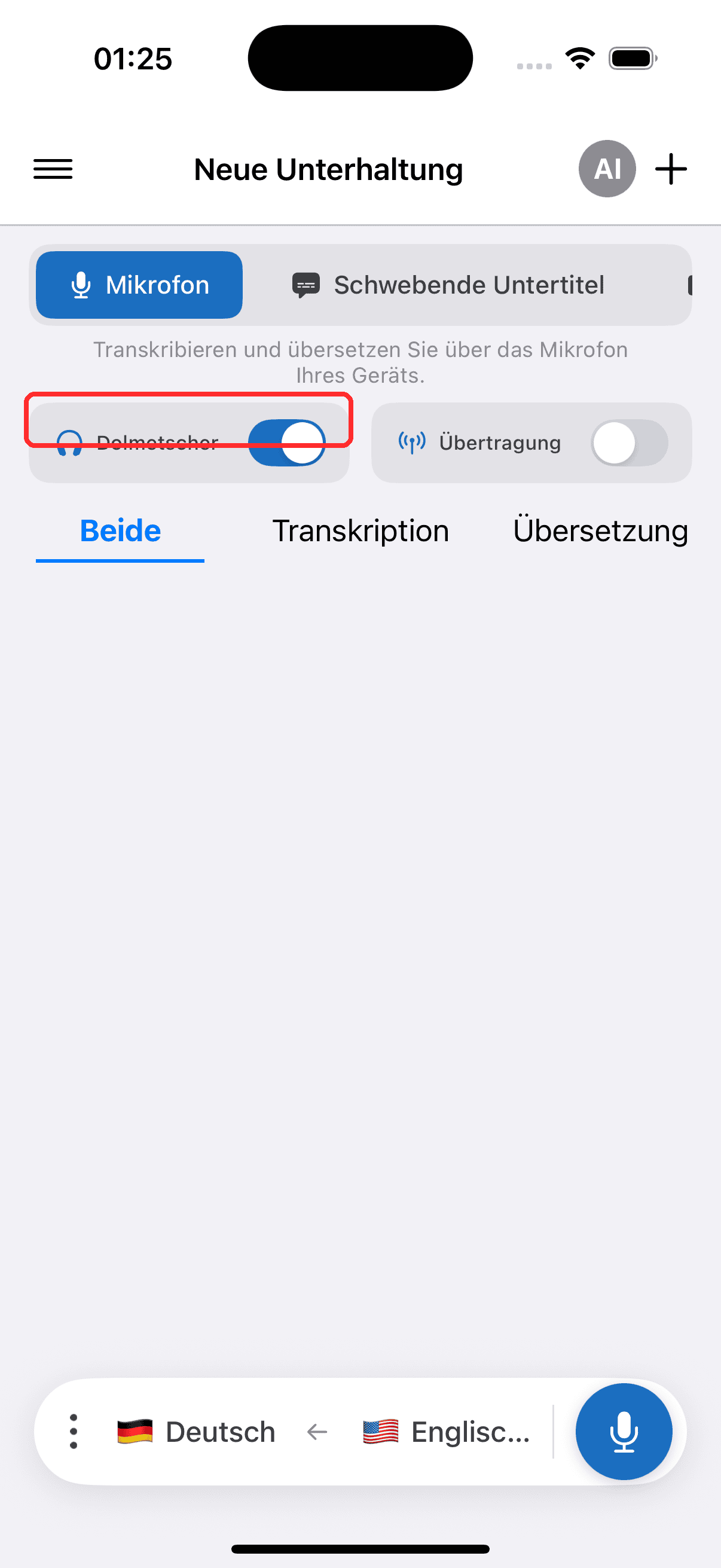 Turning on the Interpreter toggle on iPhone