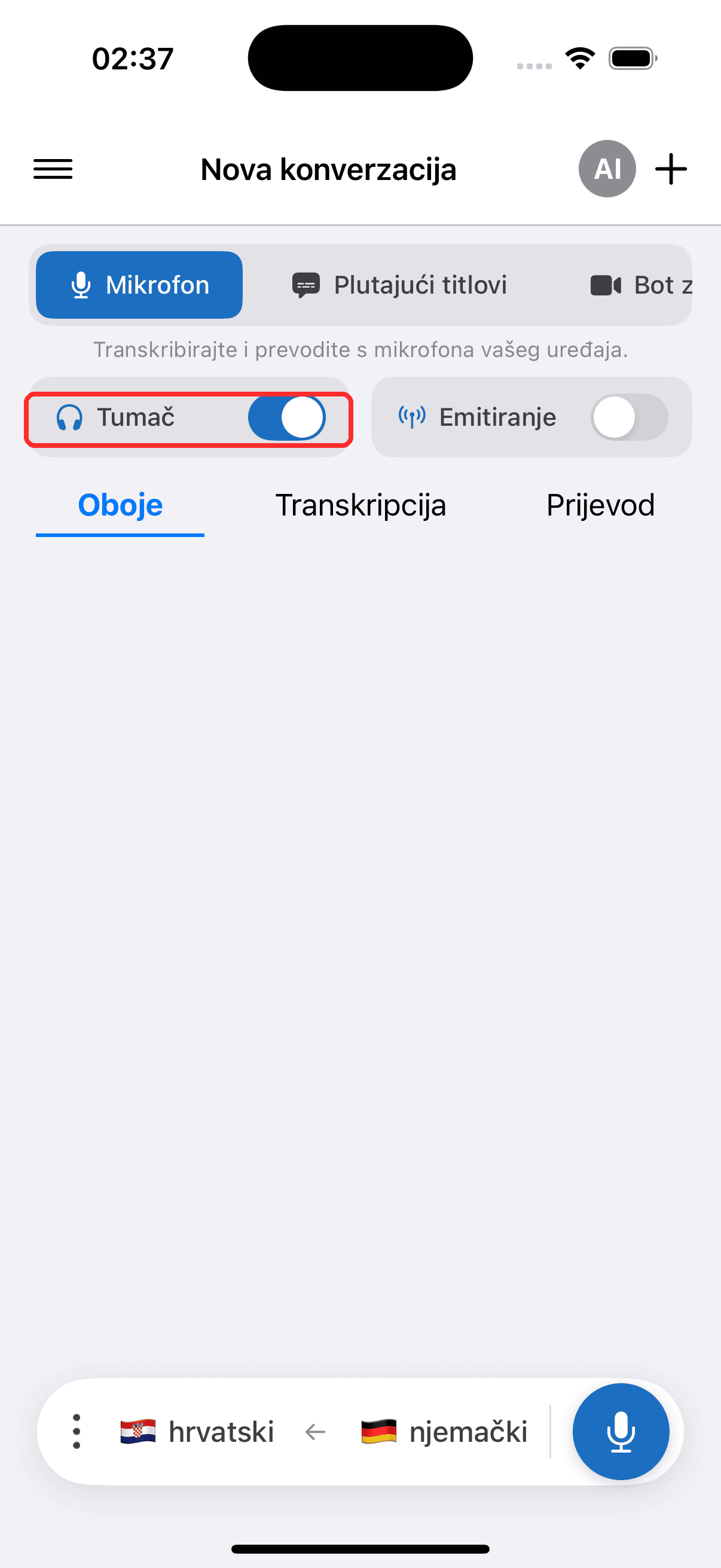 Turning on the Interpreter toggle on iPhone