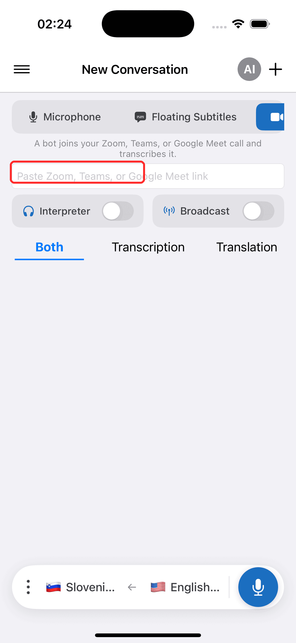 Turning on the Interpreter toggle on iPhone
