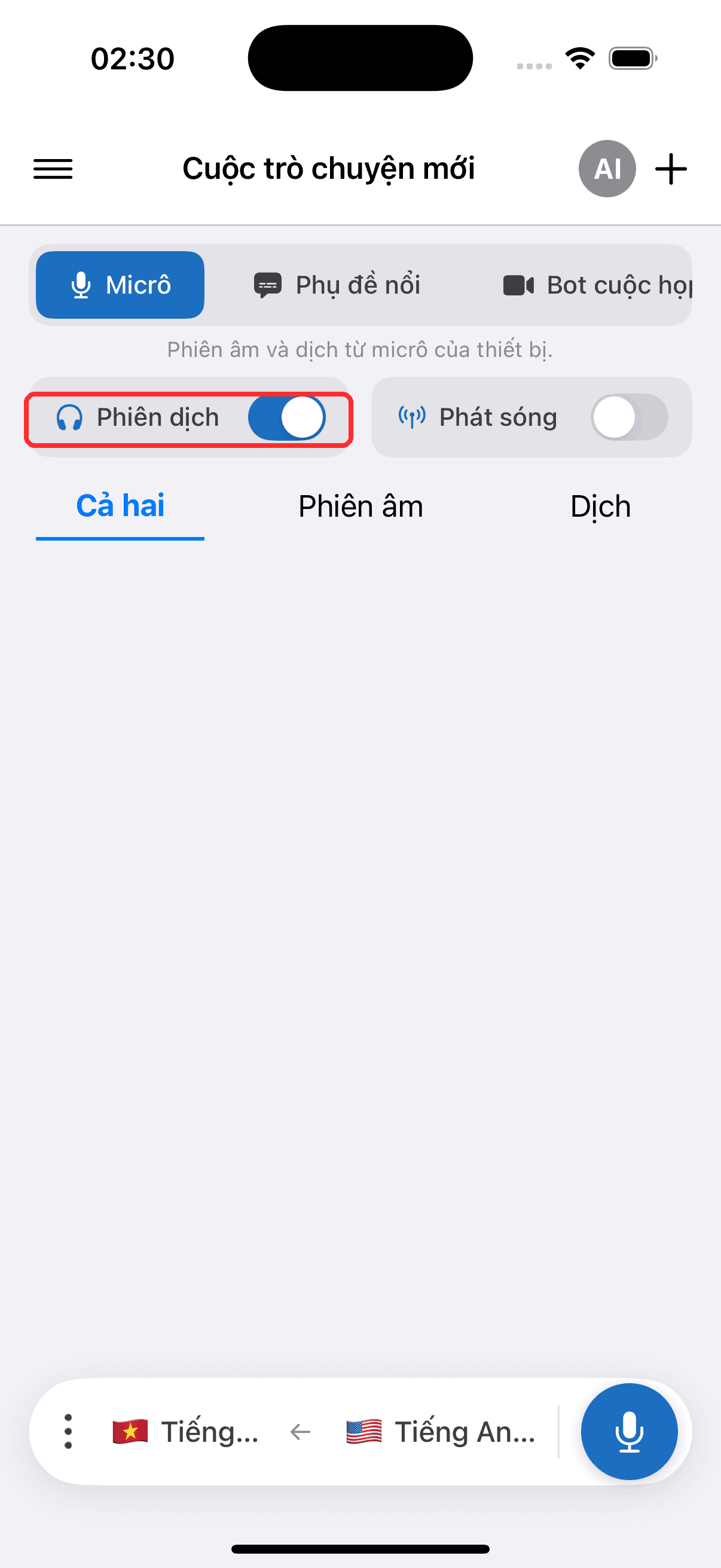 Turning on the Interpreter toggle on iPhone
