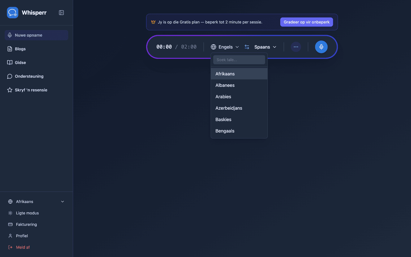 Selecting source and target languages from the language list
