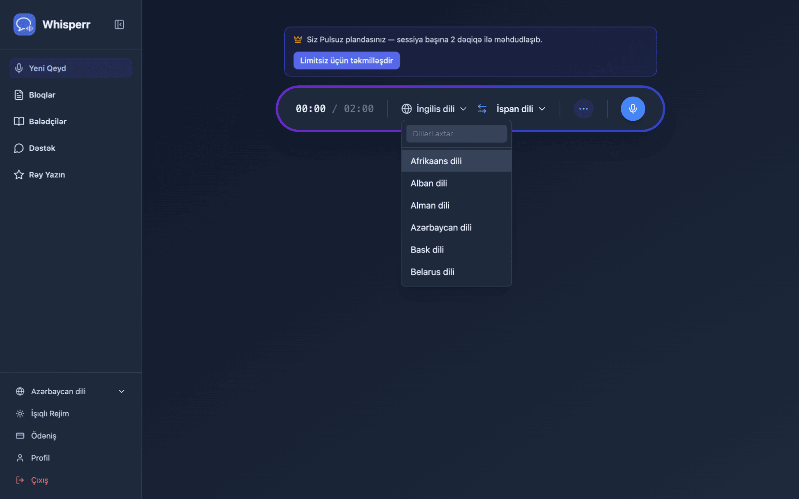 Selecting source and target languages from the language list