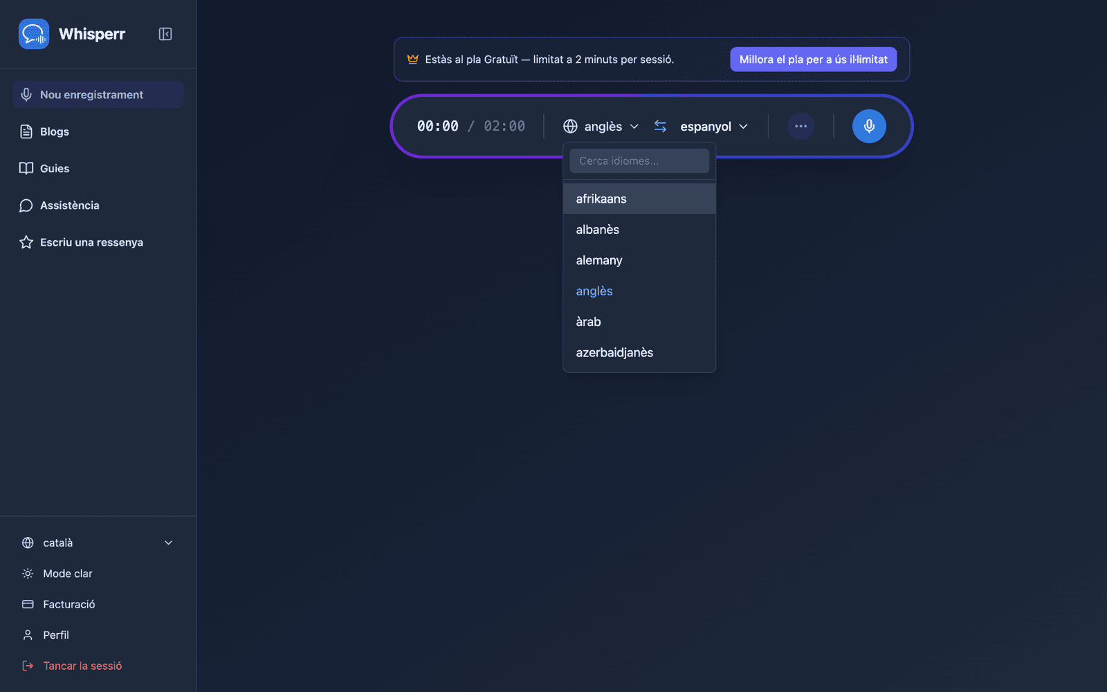Selecting source and target languages from the language list