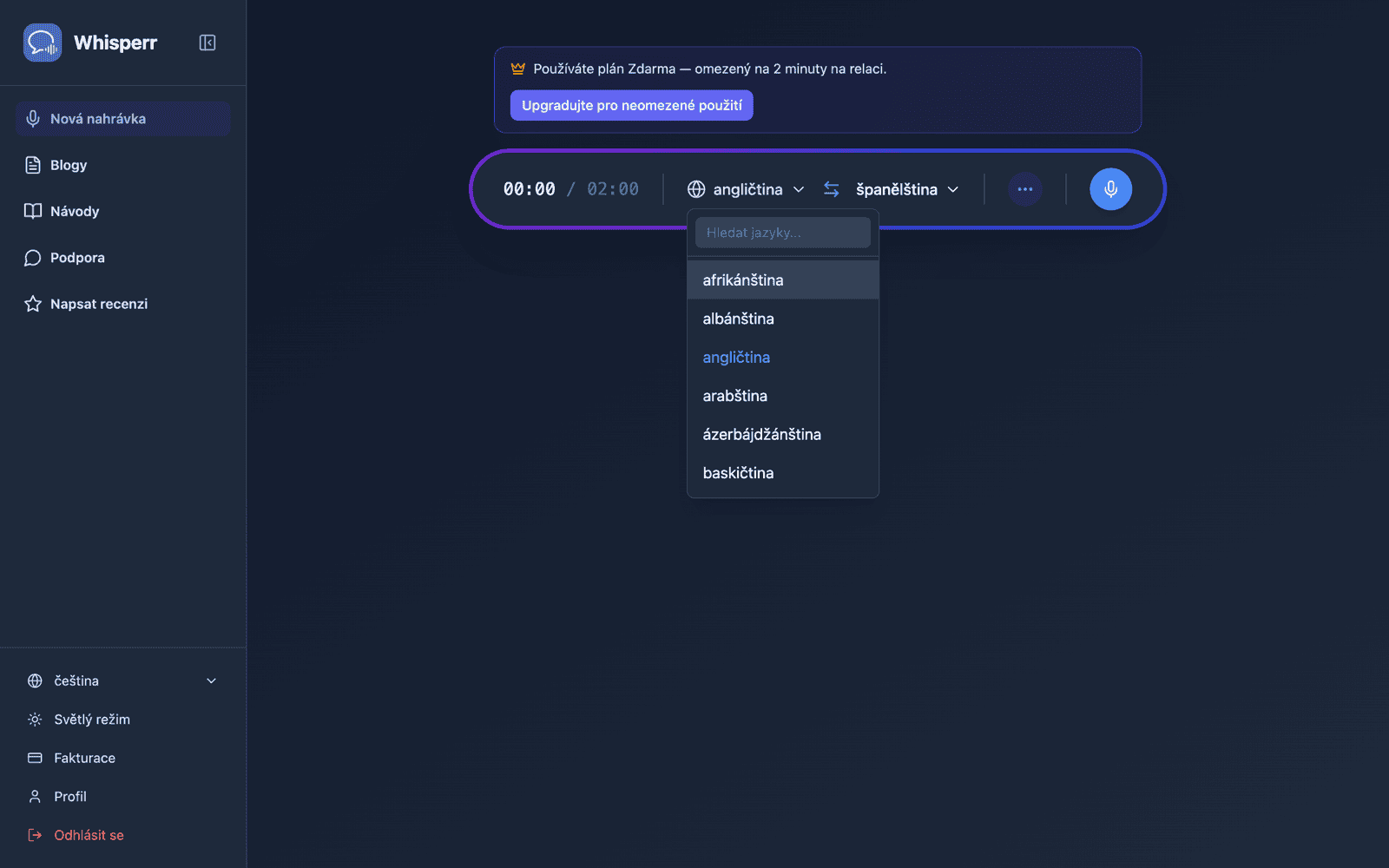 Selecting source and target languages from the language list