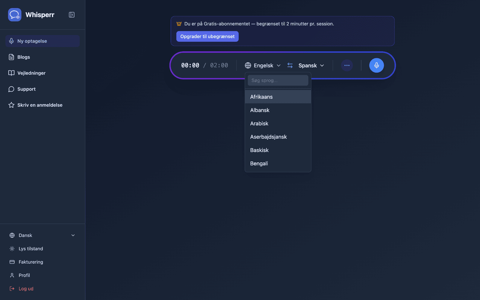 Selecting source and target languages from the language list