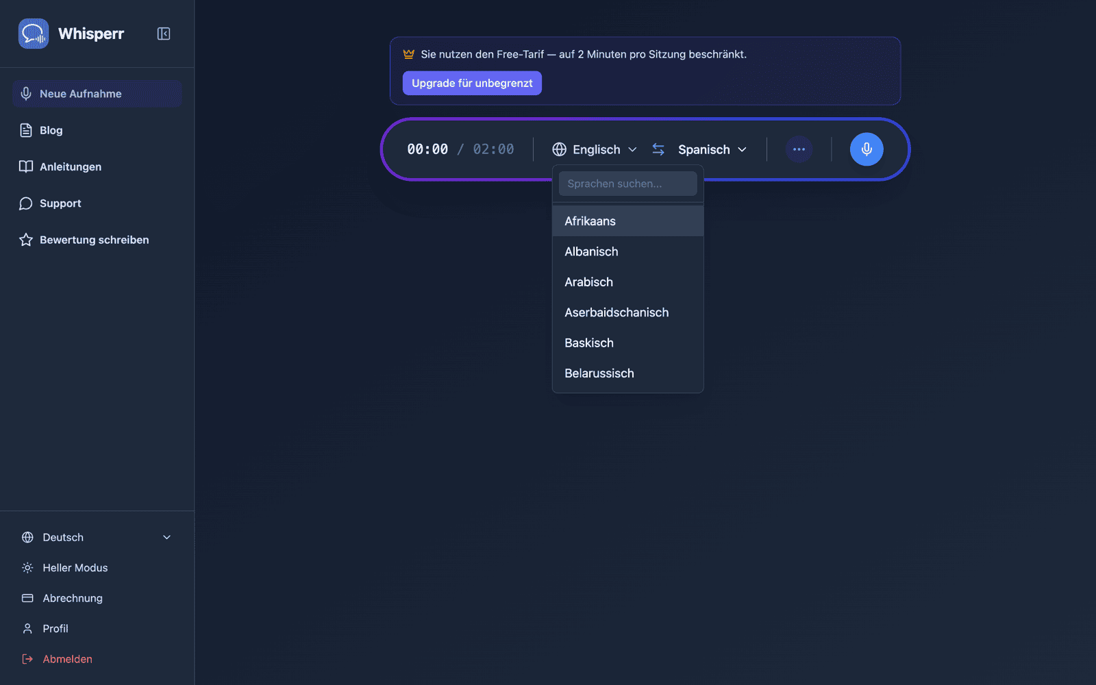 Selecting source and target languages from the language list