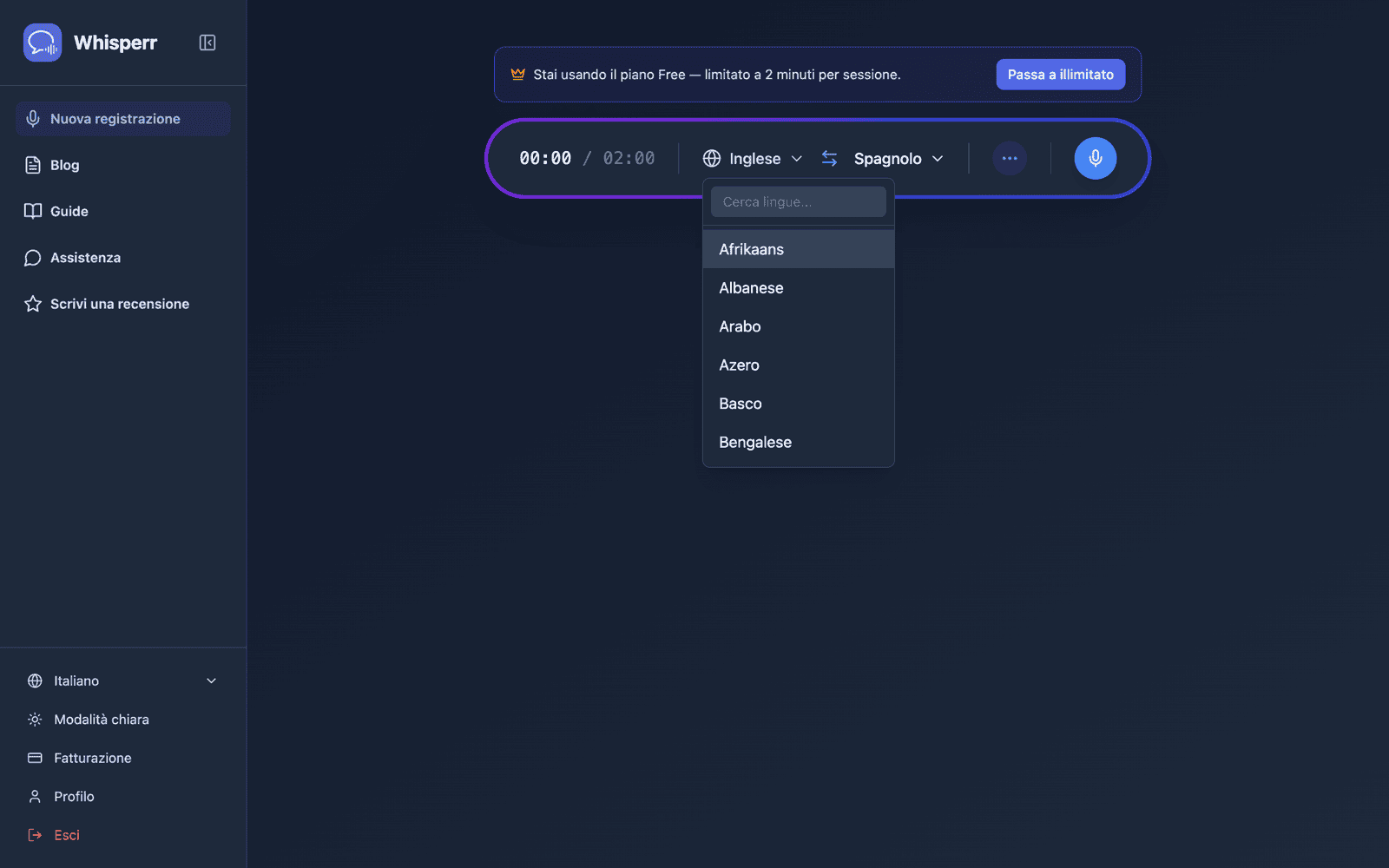 Selecting source and target languages from the language list