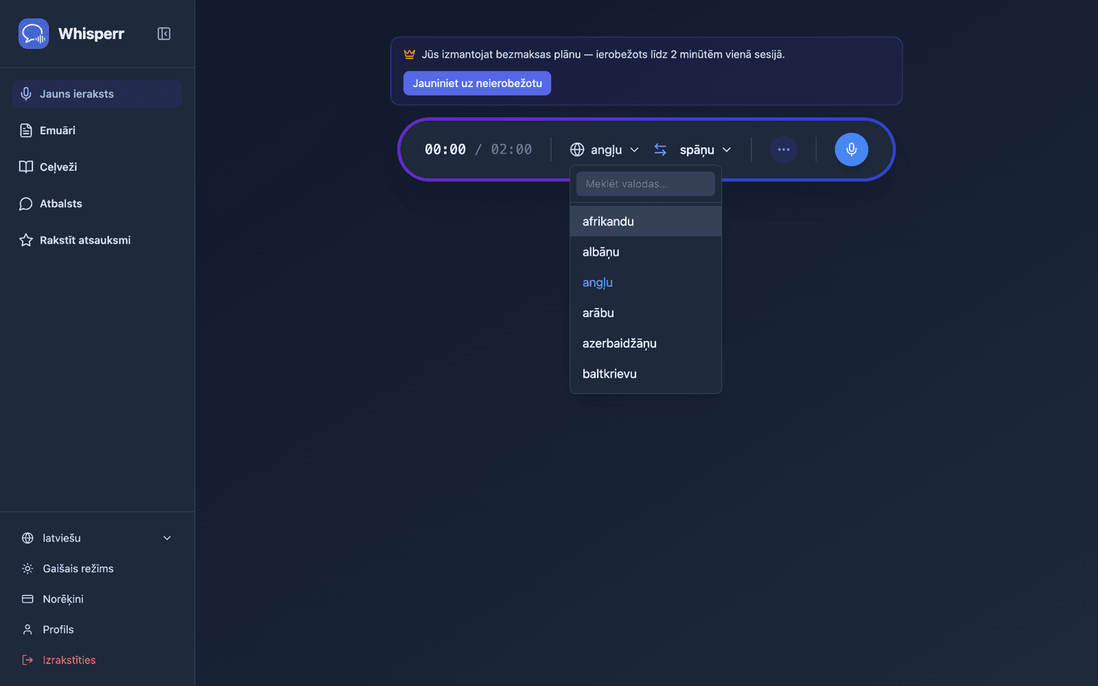 Selecting source and target languages from the language list