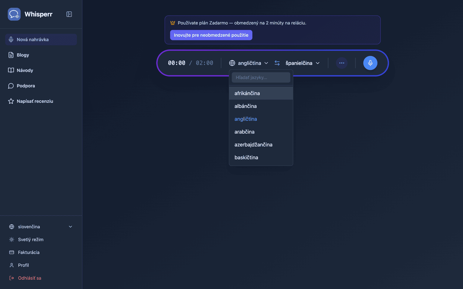 Selecting source and target languages from the language list