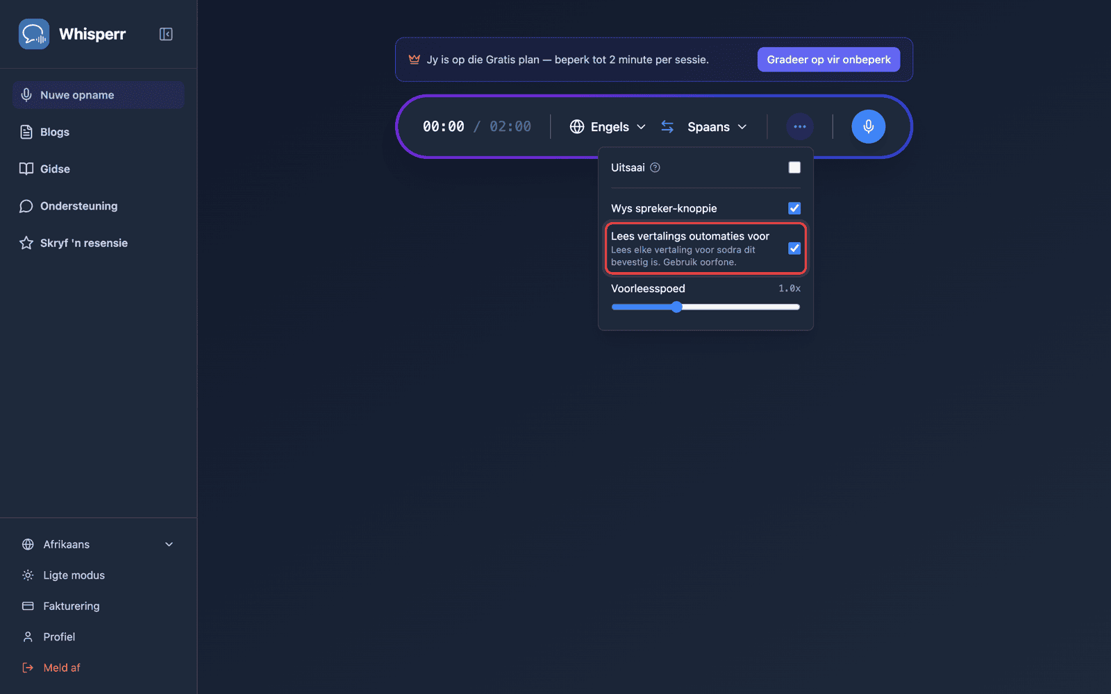 Speech settings in the options menu, with Auto-speak translations enabled