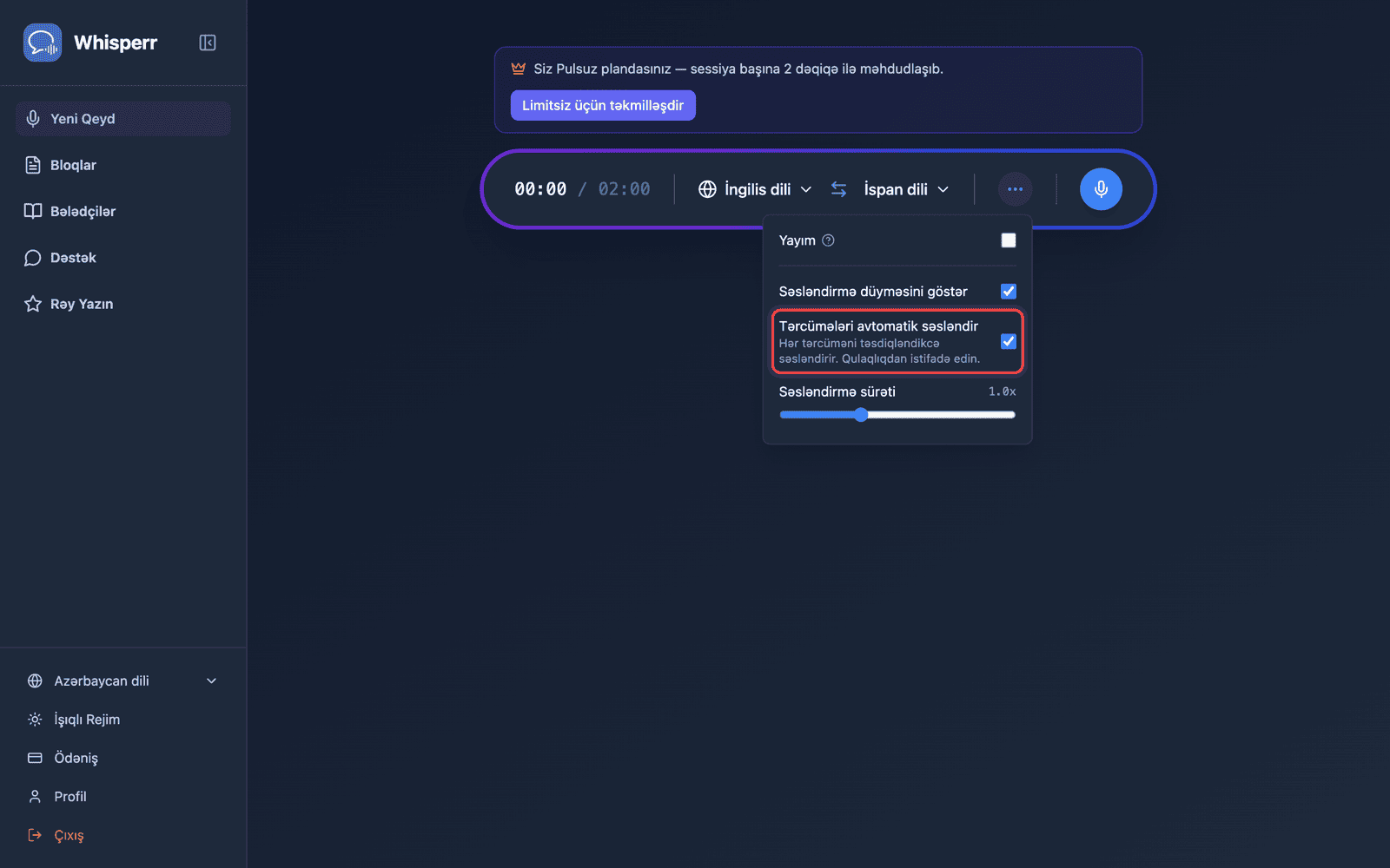 Speech settings in the options menu, with Auto-speak translations enabled