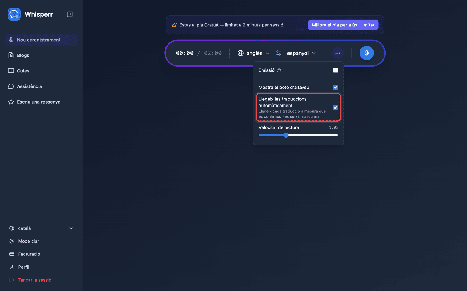Speech settings in the options menu, with Auto-speak translations enabled