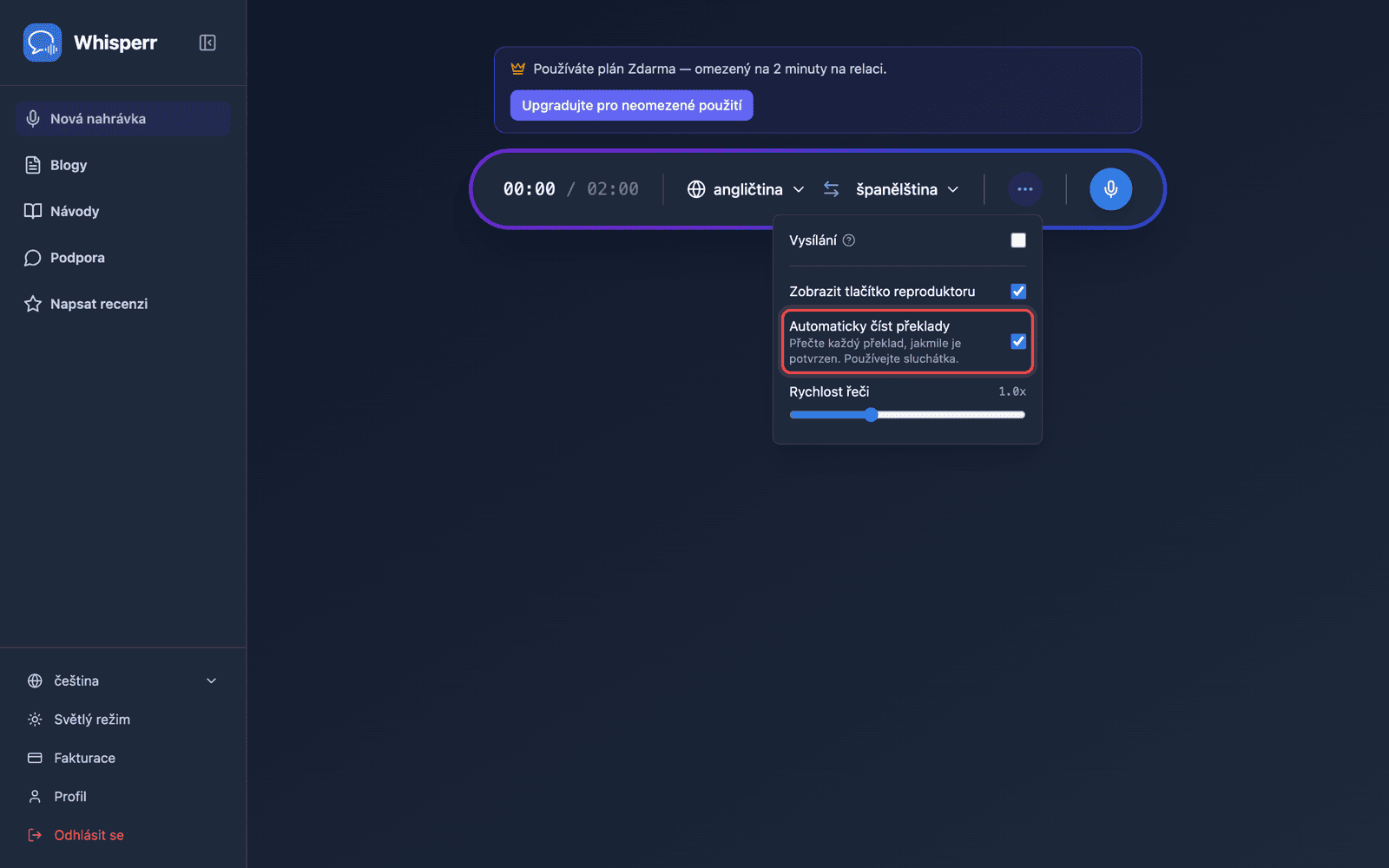 Speech settings in the options menu, with Auto-speak translations enabled