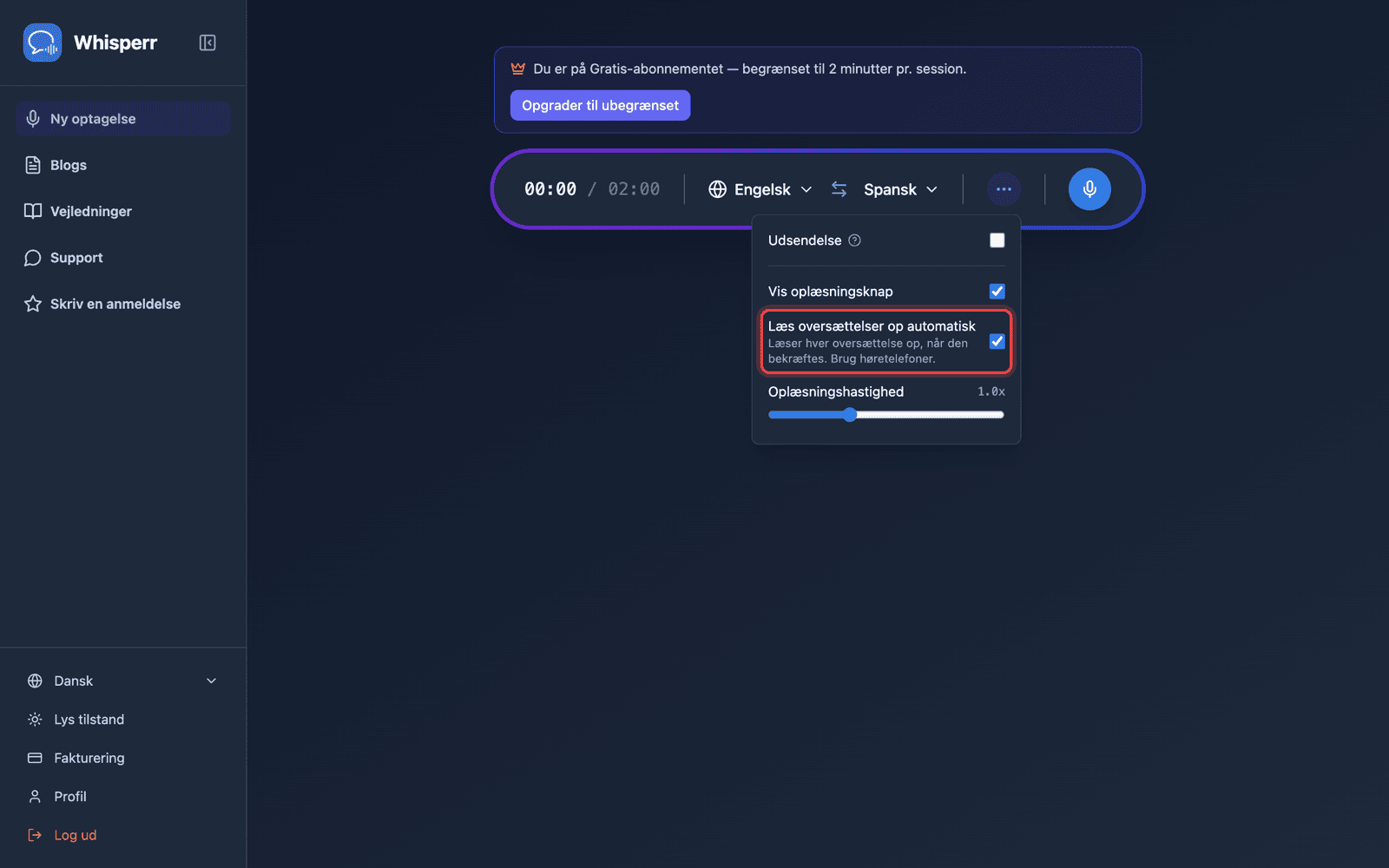 Speech settings in the options menu, with Auto-speak translations enabled