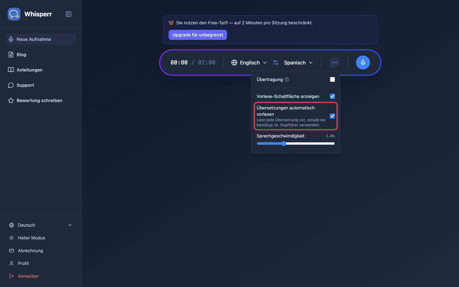 Speech settings in the options menu, with Auto-speak translations enabled