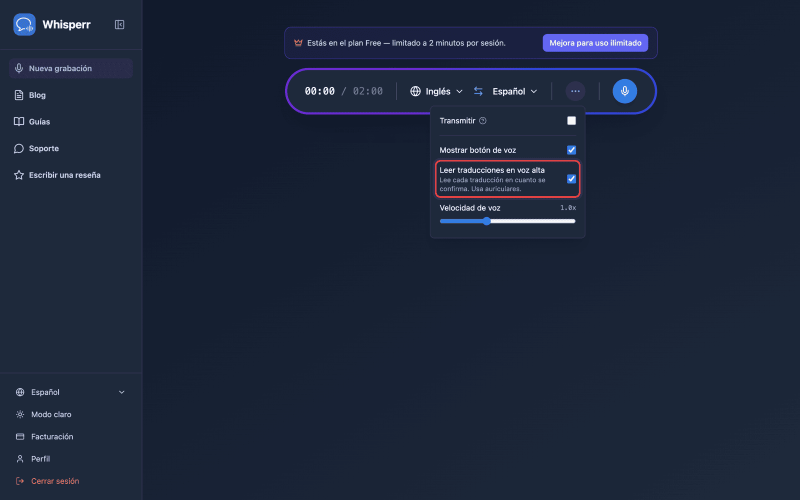 Speech settings in the options menu, with Auto-speak translations enabled