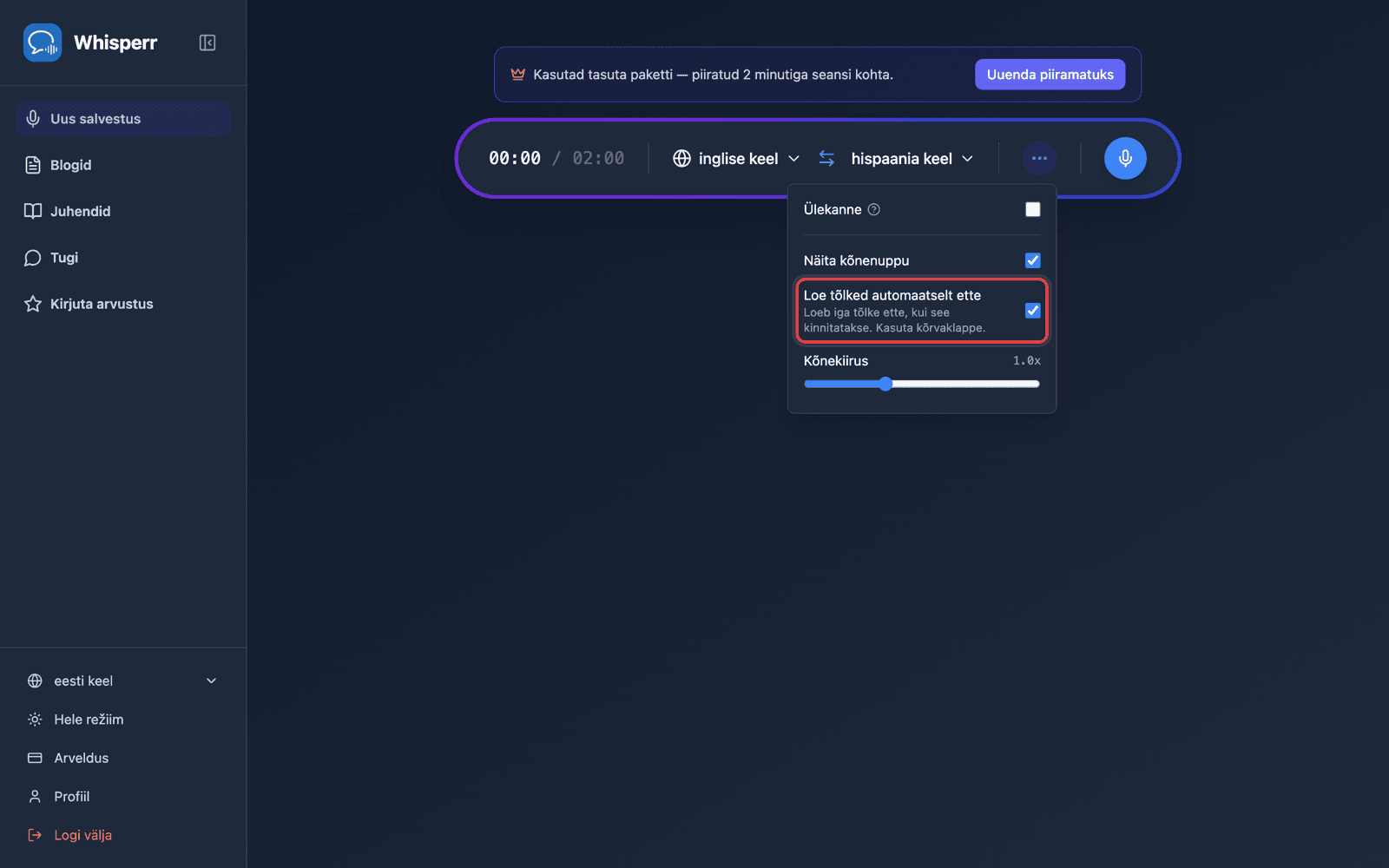 Speech settings in the options menu, with Auto-speak translations enabled
