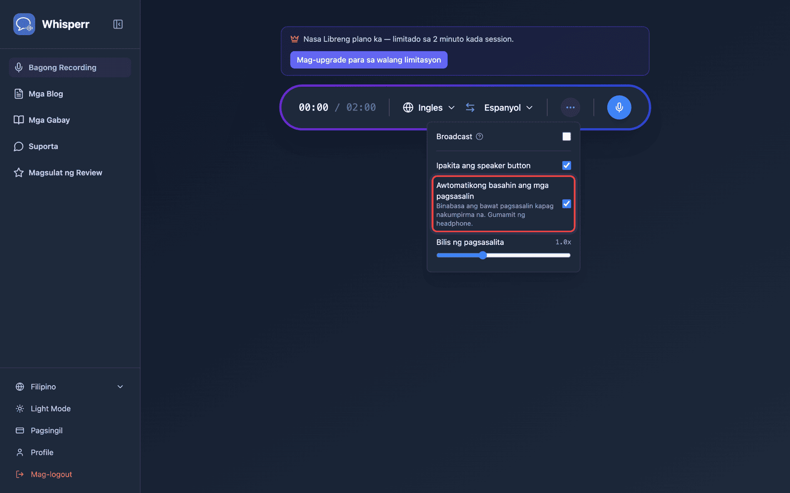 Speech settings in the options menu, with Auto-speak translations enabled