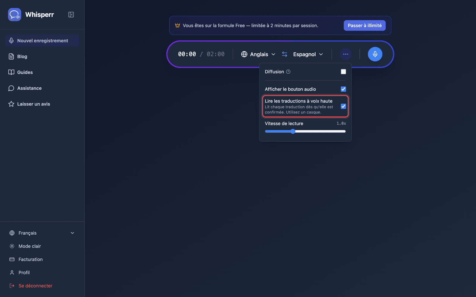Speech settings in the options menu, with Auto-speak translations enabled