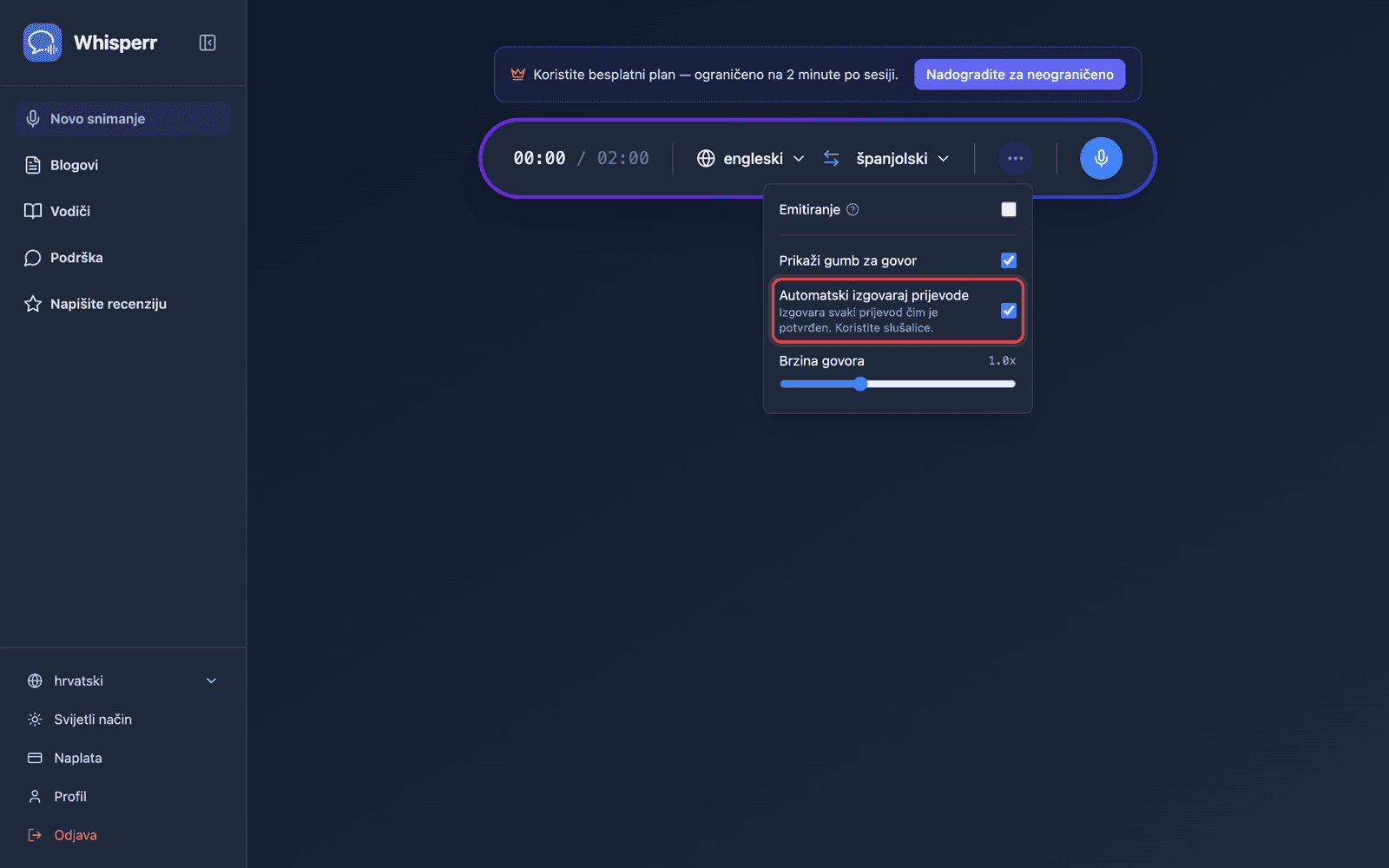 Speech settings in the options menu, with Auto-speak translations enabled