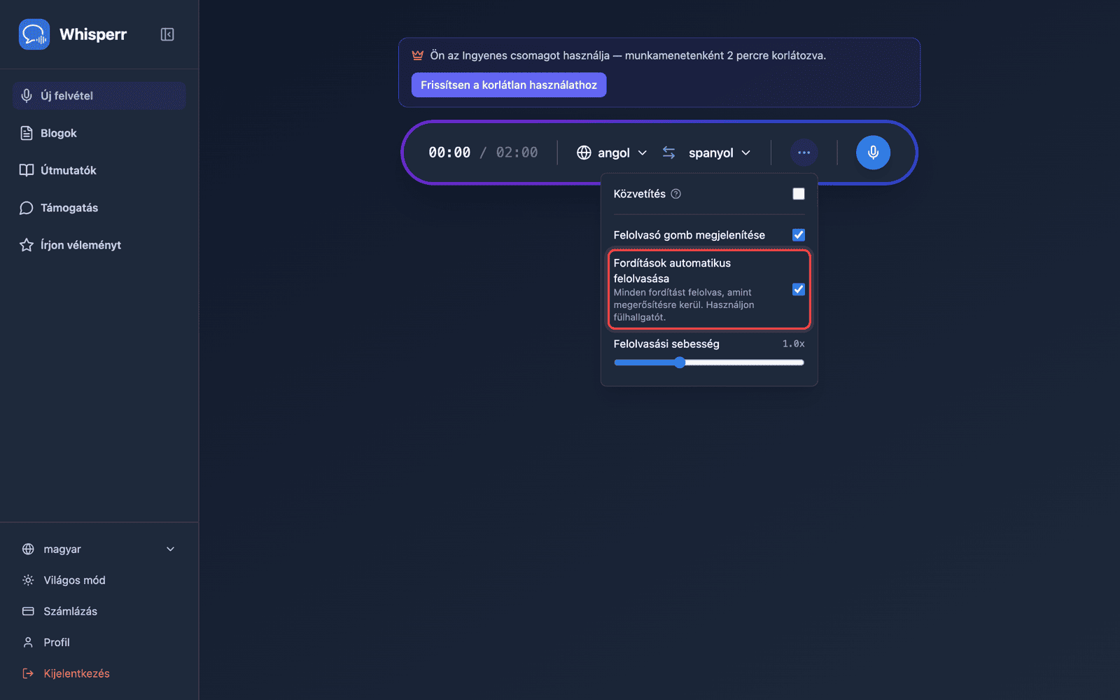 Speech settings in the options menu, with Auto-speak translations enabled