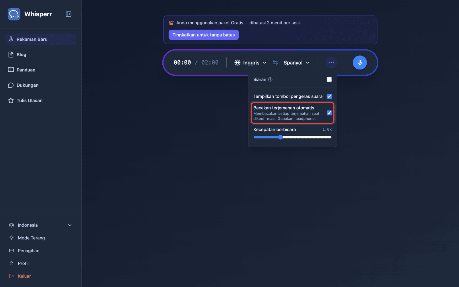 Speech settings in the options menu, with Auto-speak translations enabled