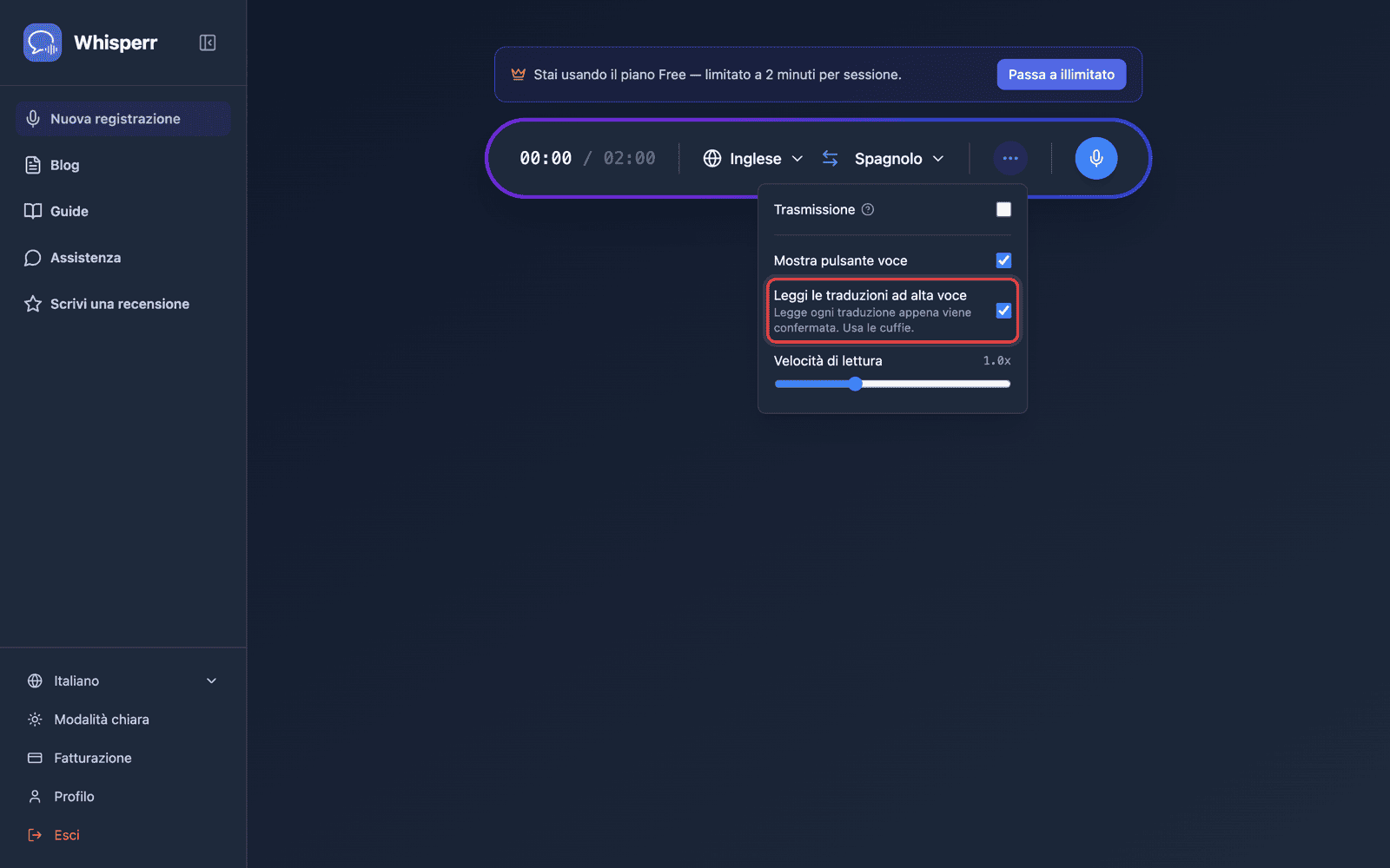 Speech settings in the options menu, with Auto-speak translations enabled