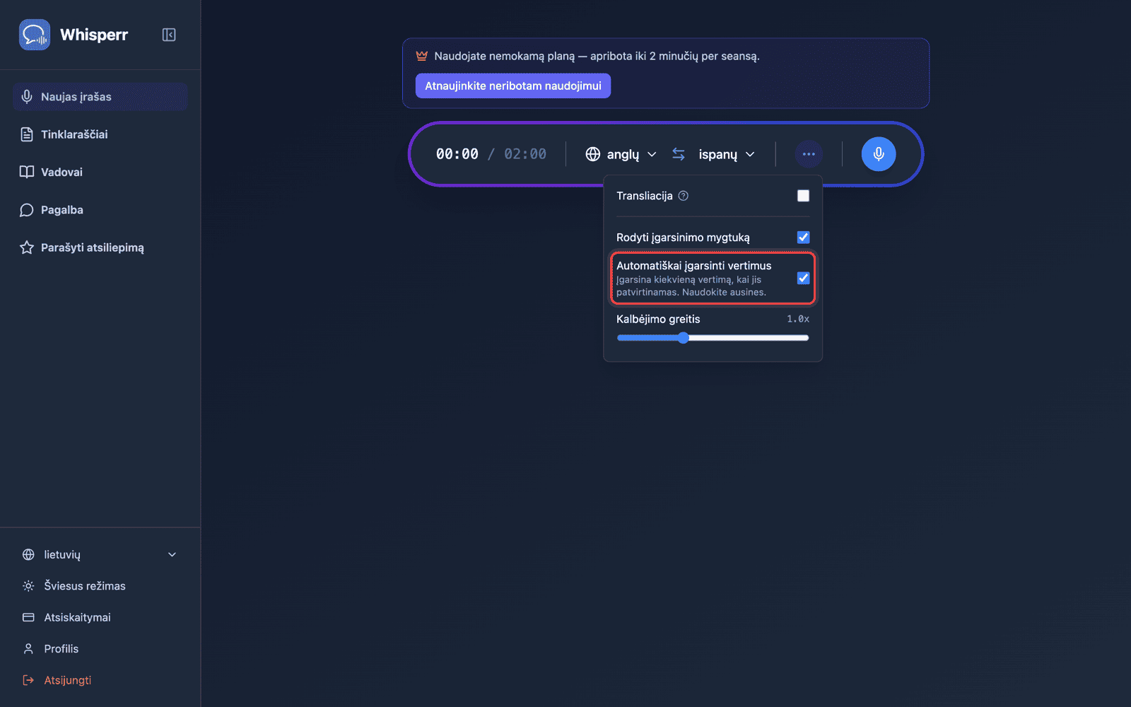 Speech settings in the options menu, with Auto-speak translations enabled