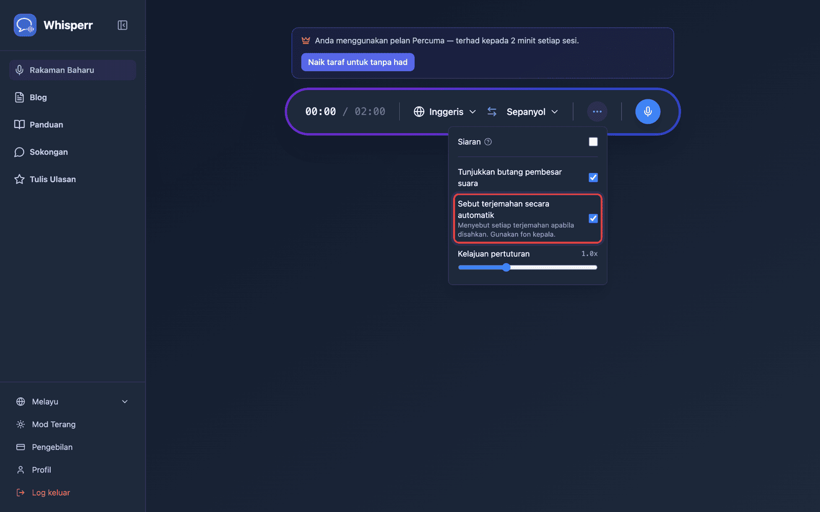Speech settings in the options menu, with Auto-speak translations enabled