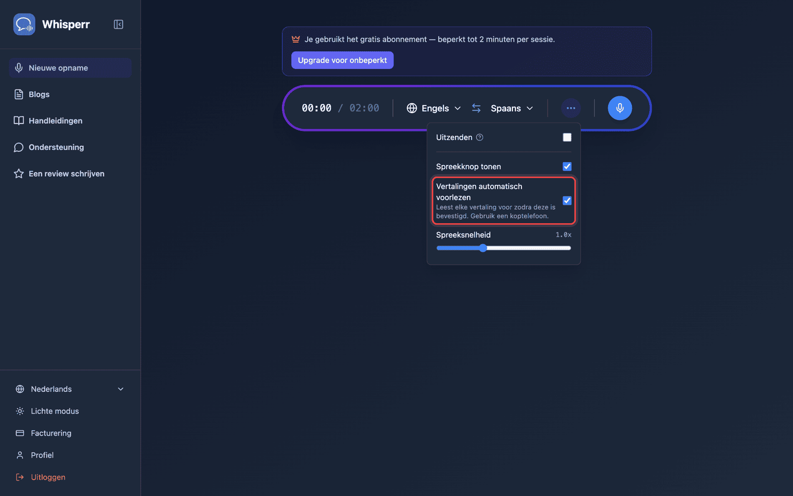 Speech settings in the options menu, with Auto-speak translations enabled