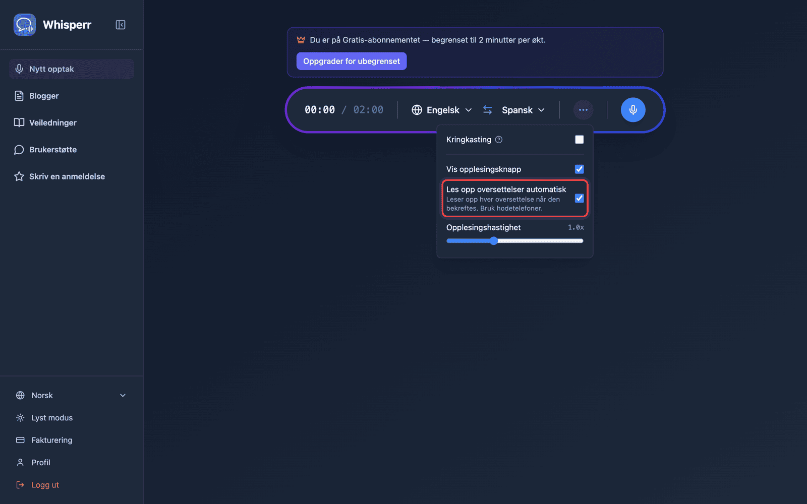 Speech settings in the options menu, with Auto-speak translations enabled