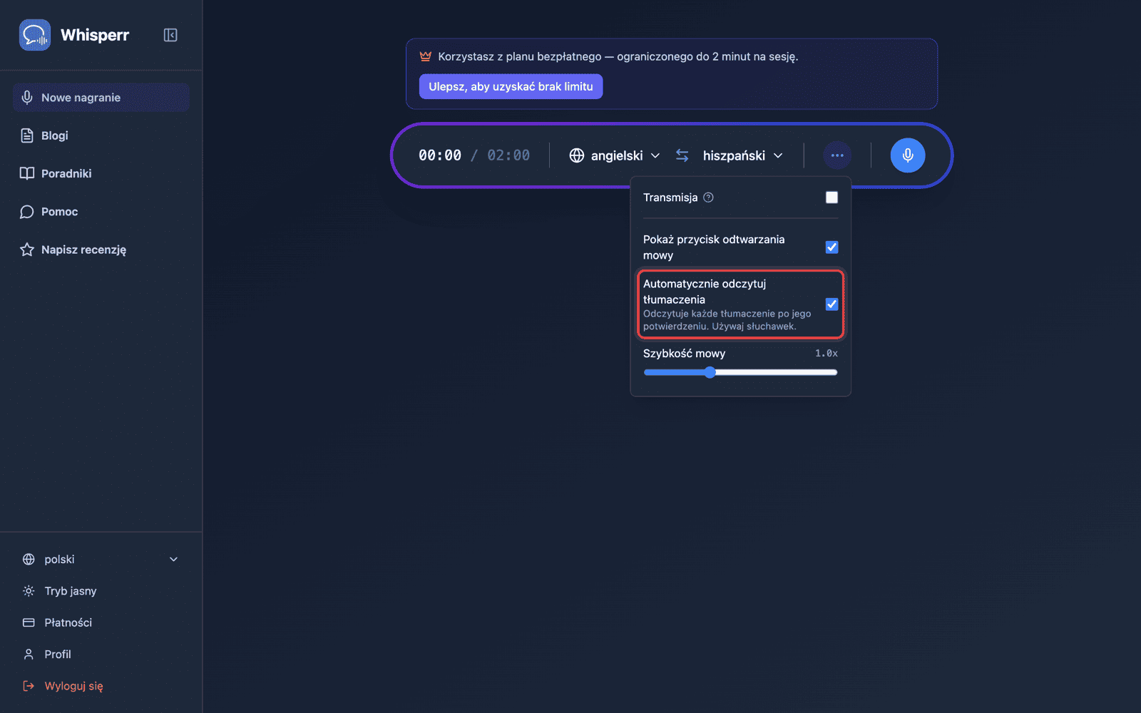 Speech settings in the options menu, with Auto-speak translations enabled