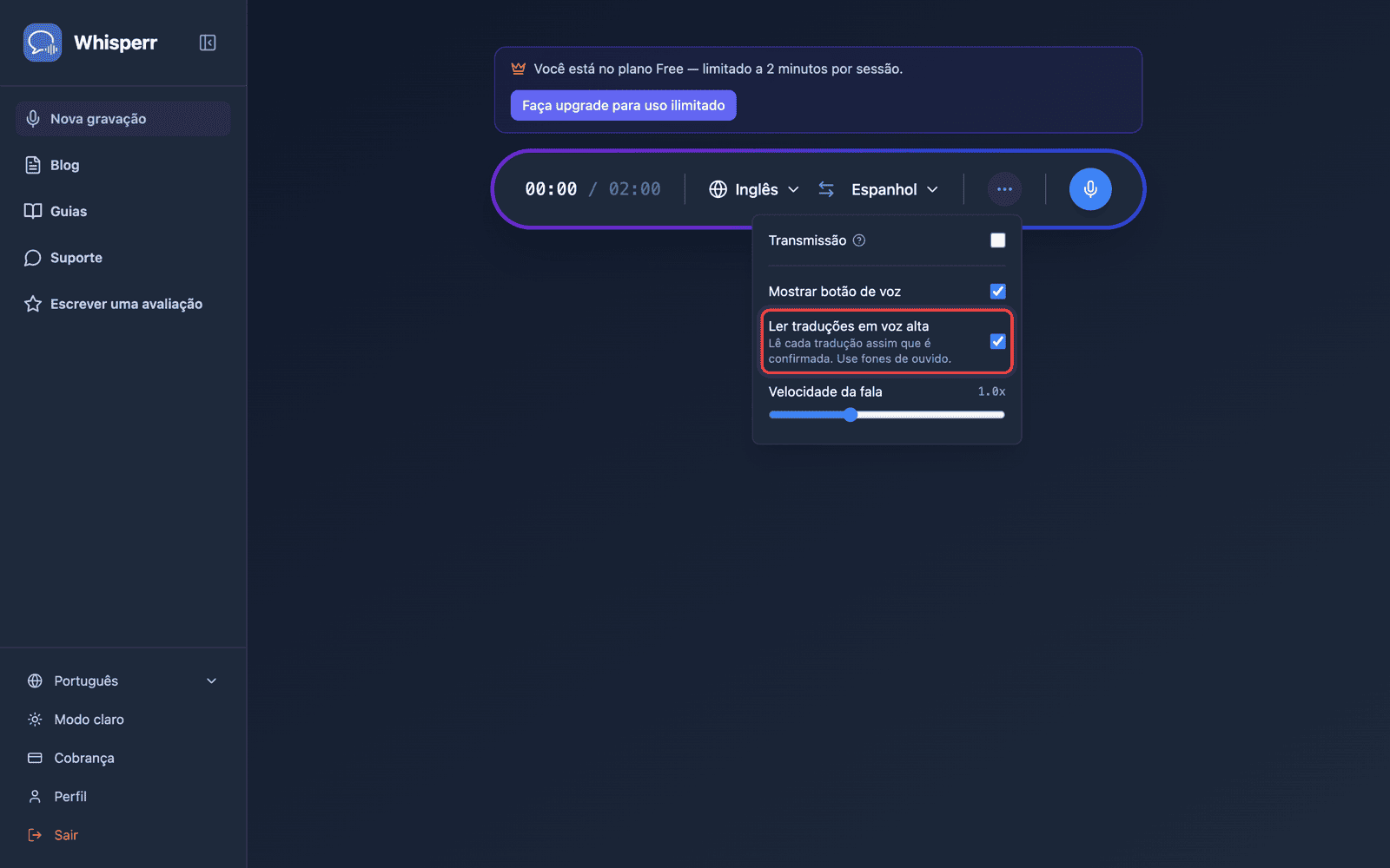 Speech settings in the options menu, with Auto-speak translations enabled