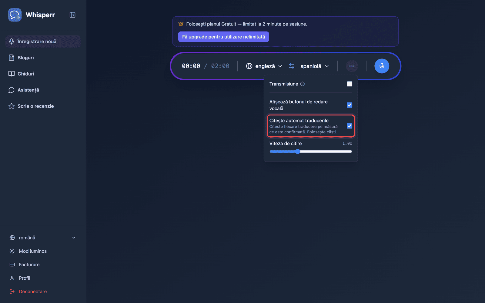 Speech settings in the options menu, with Auto-speak translations enabled