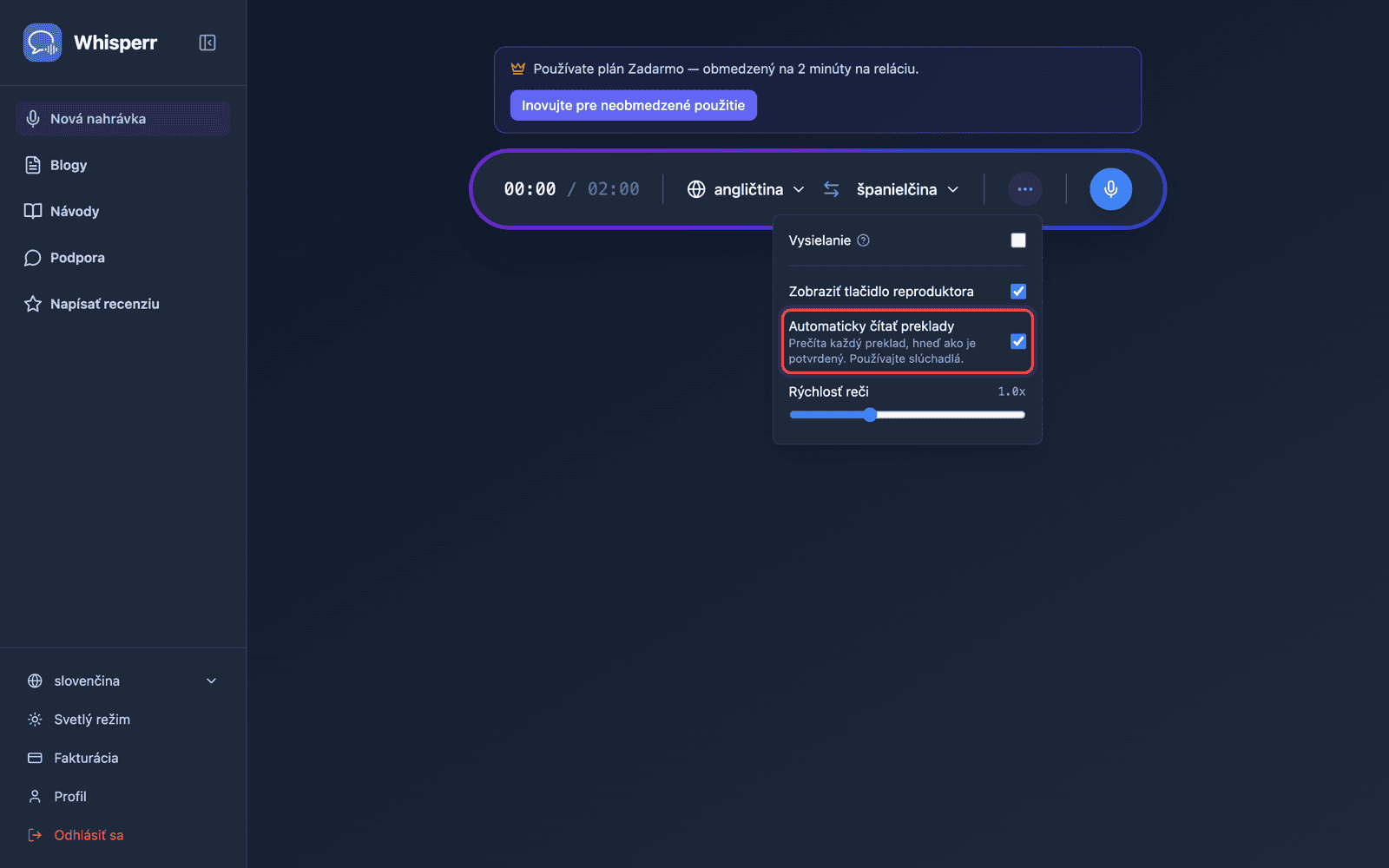 Speech settings in the options menu, with Auto-speak translations enabled