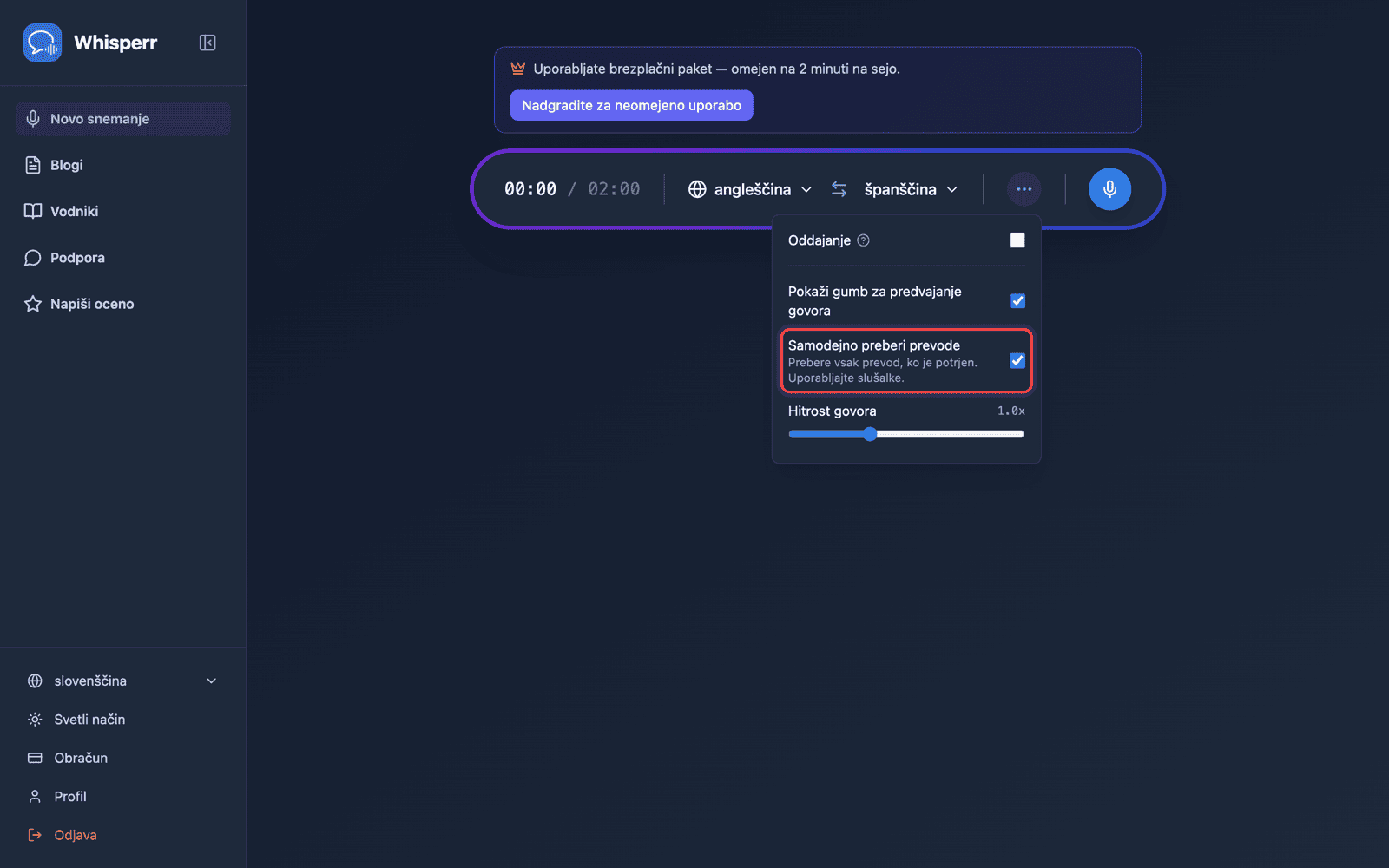 Speech settings in the options menu, with Auto-speak translations enabled