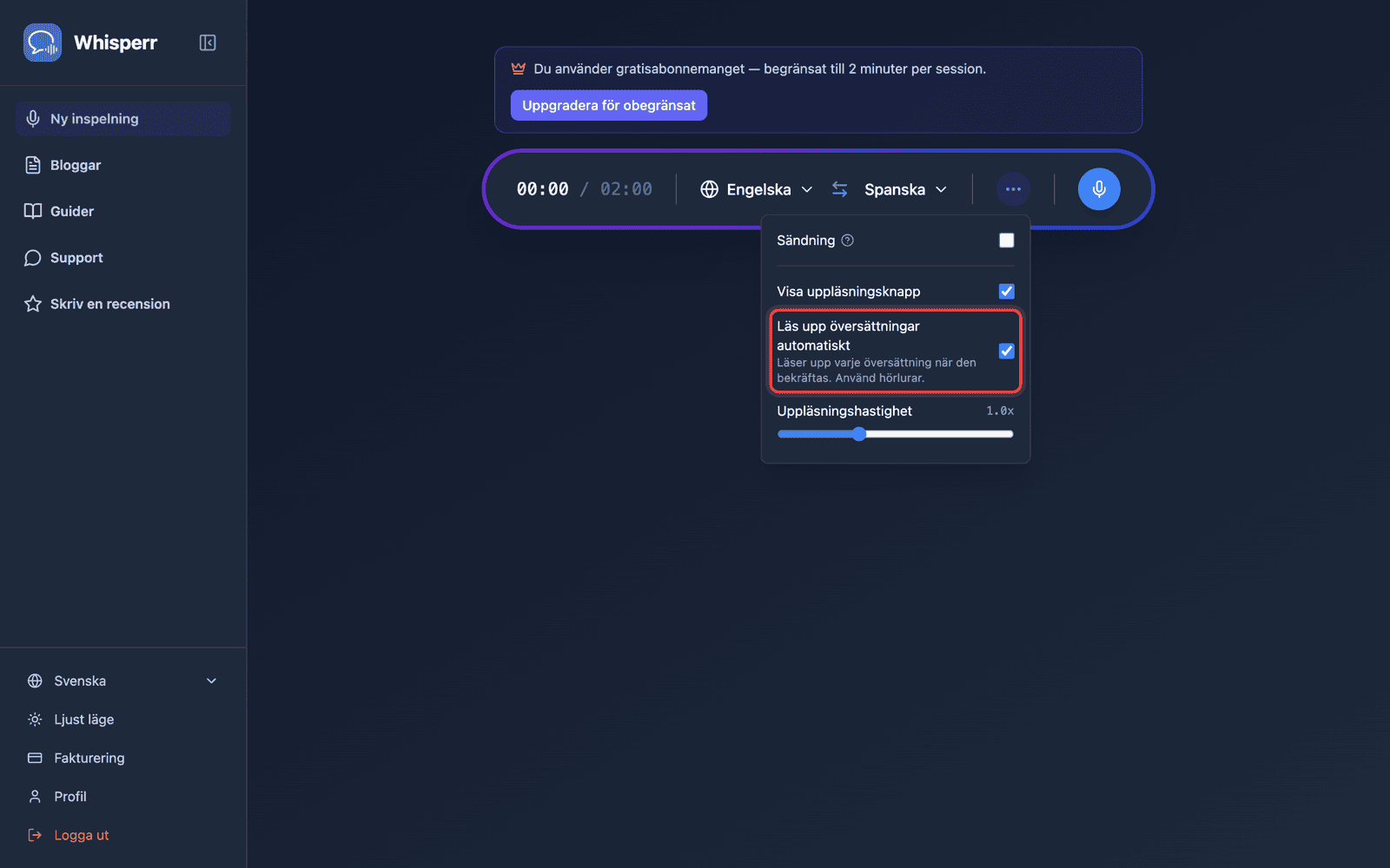 Speech settings in the options menu, with Auto-speak translations enabled
