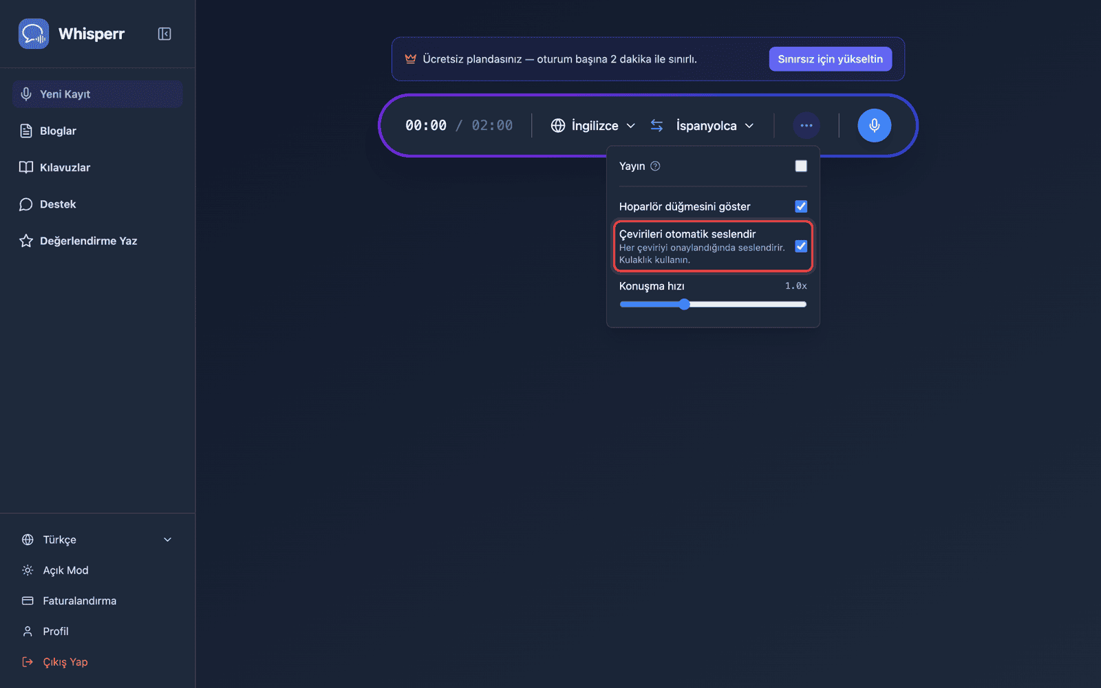 Speech settings in the options menu, with Auto-speak translations enabled