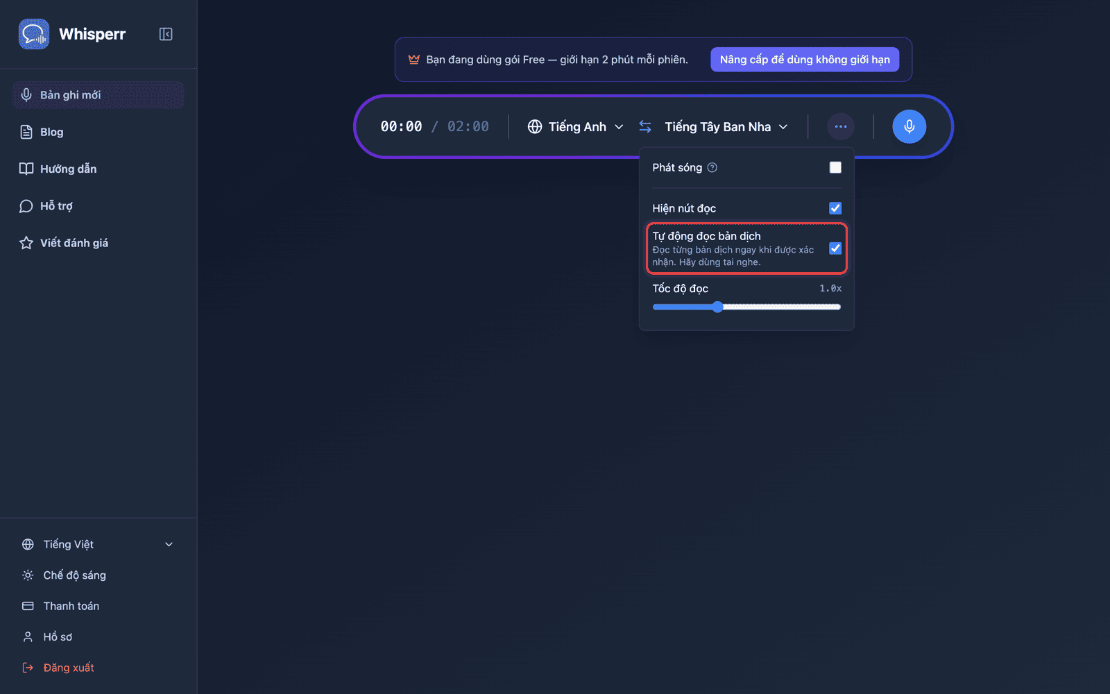 Speech settings in the options menu, with Auto-speak translations enabled