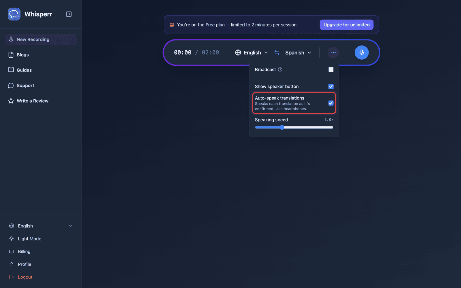 Speech settings in the options menu, with Auto-speak translations enabled