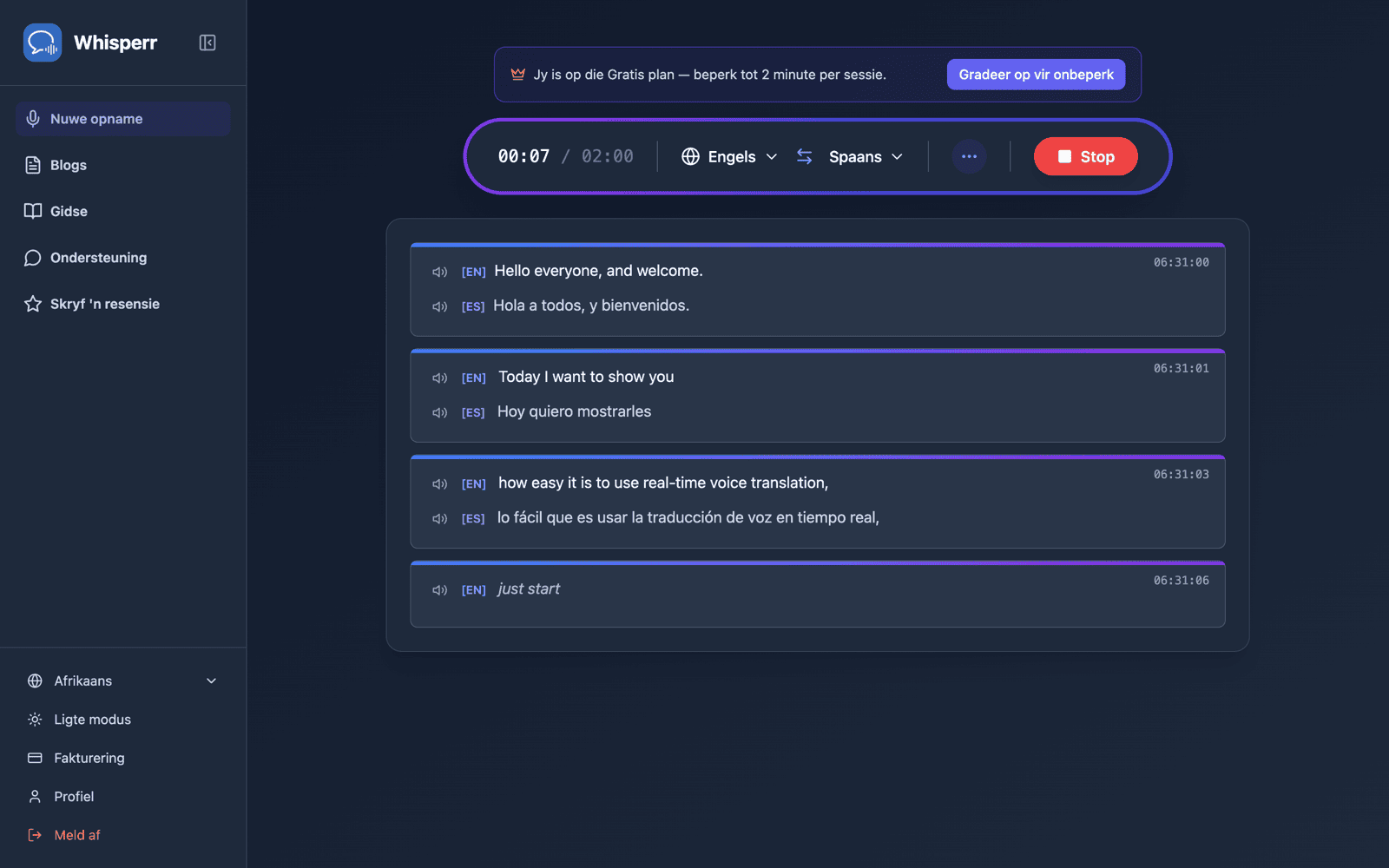 Live transcription and translation appearing on screen with Speech Mode on