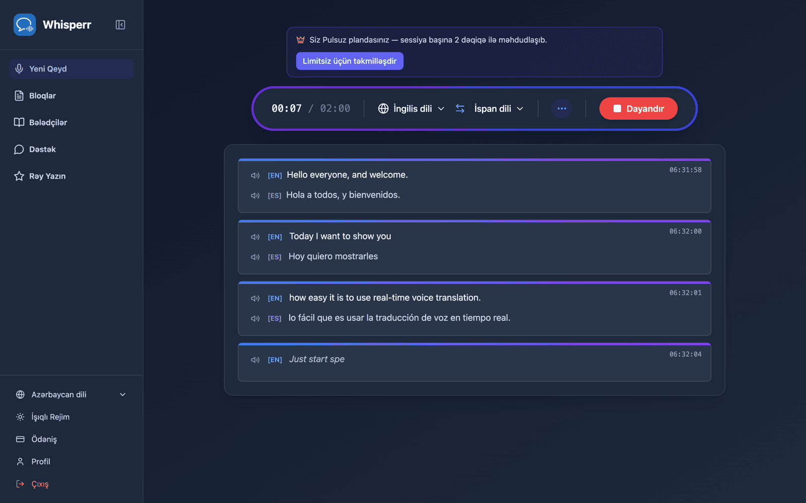 Live transcription and translation appearing on screen with Speech Mode on