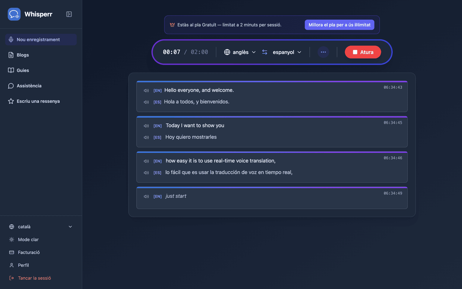 Live transcription and translation appearing on screen with Speech Mode on