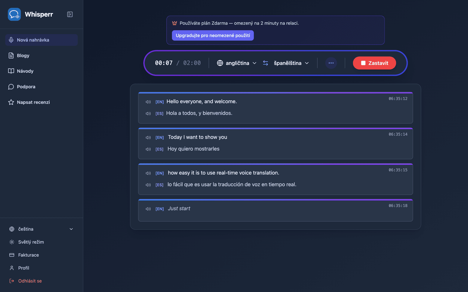 Live transcription and translation appearing on screen with Speech Mode on