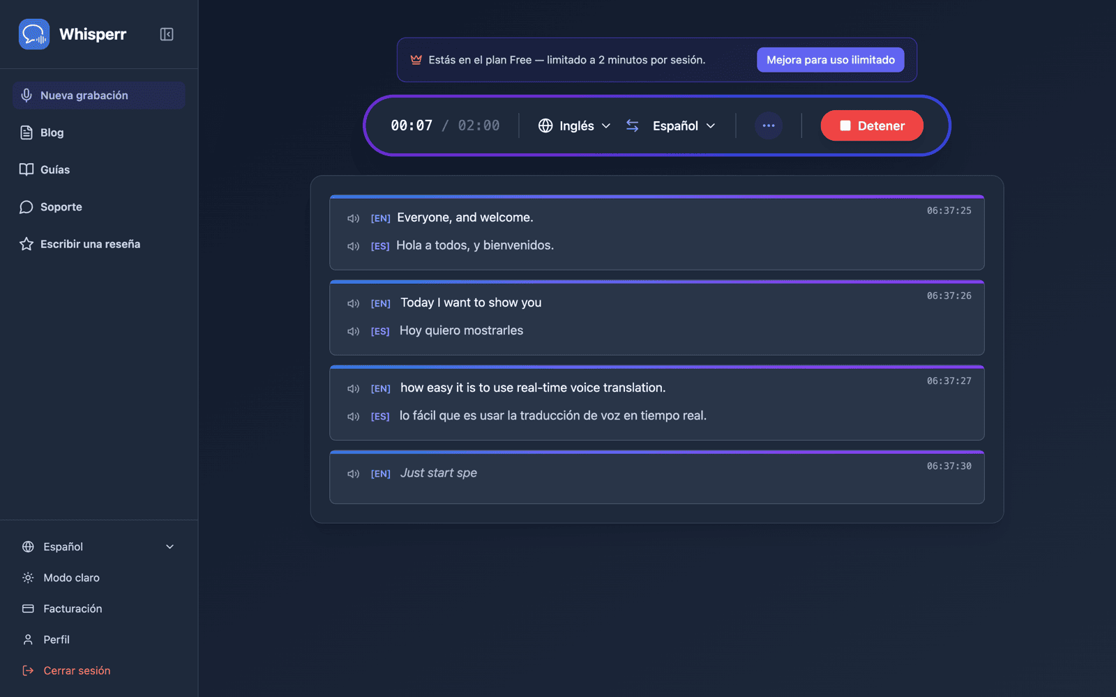 Live transcription and translation appearing on screen with Speech Mode on
